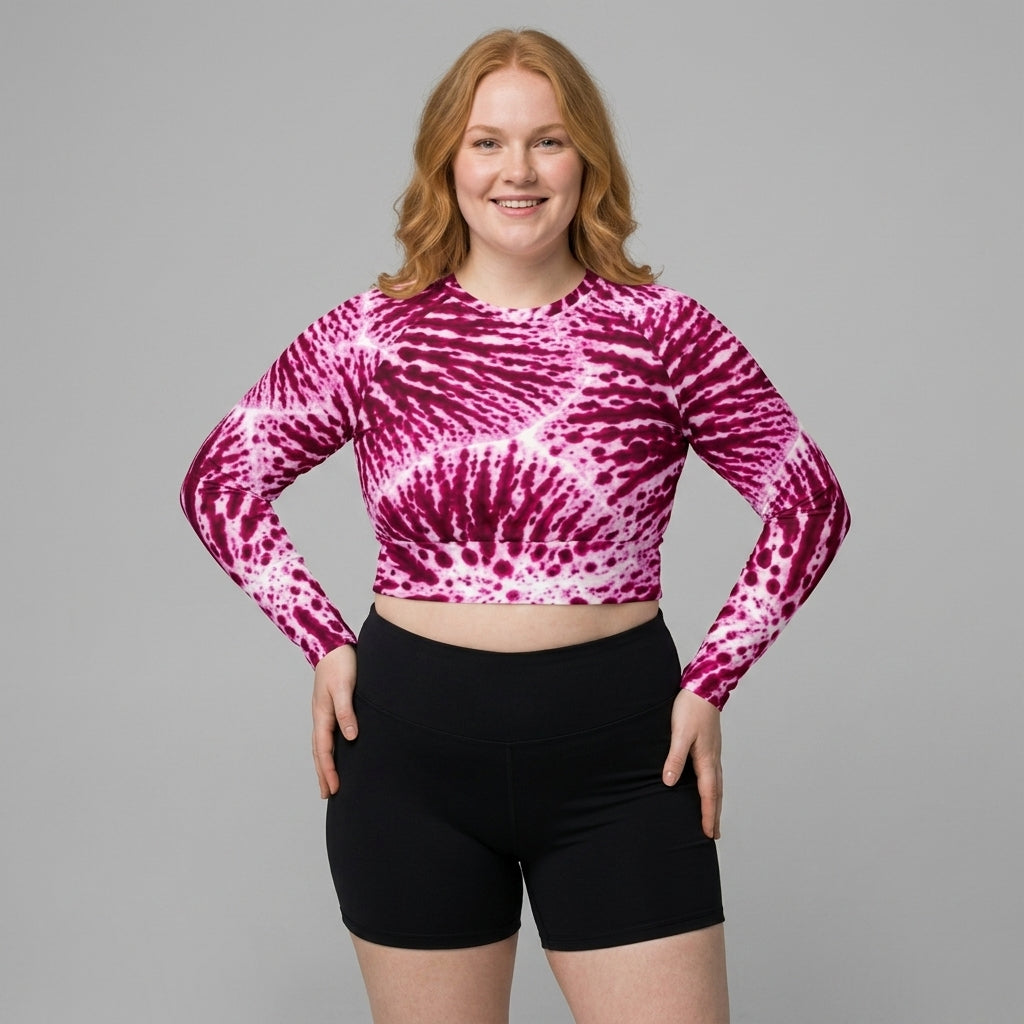 Model wearing Phalaenopsis Orchid (ivory and magenta) long-sleeve crop top (view 2).