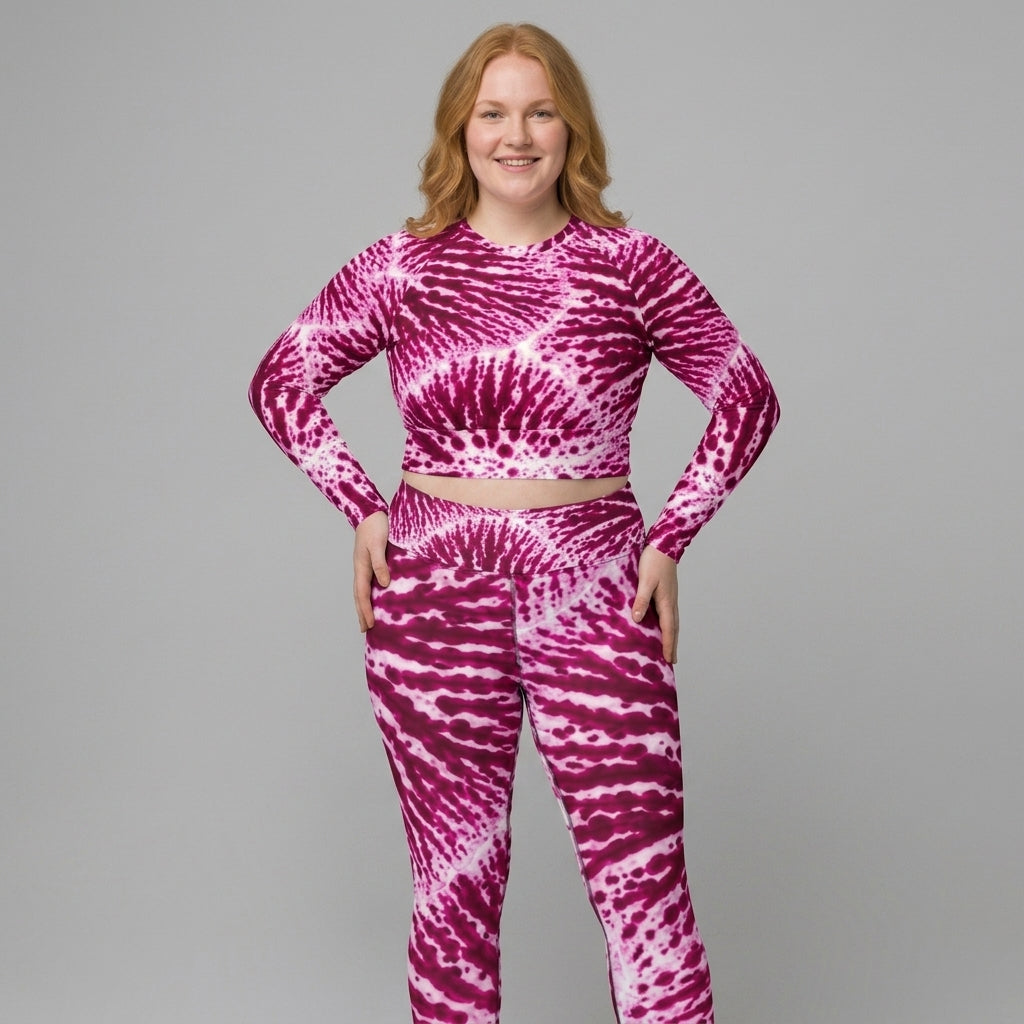 Model wearing Phalaenopsis Orchid (ivory and magenta) long-sleeve crop top (view 3).
