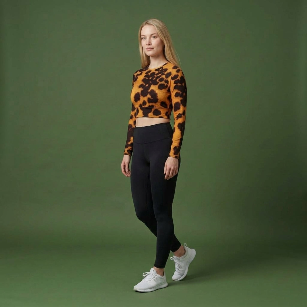 Tiger Orchid Long Sleeve Crop Top – abstract print from the real flower, image 1