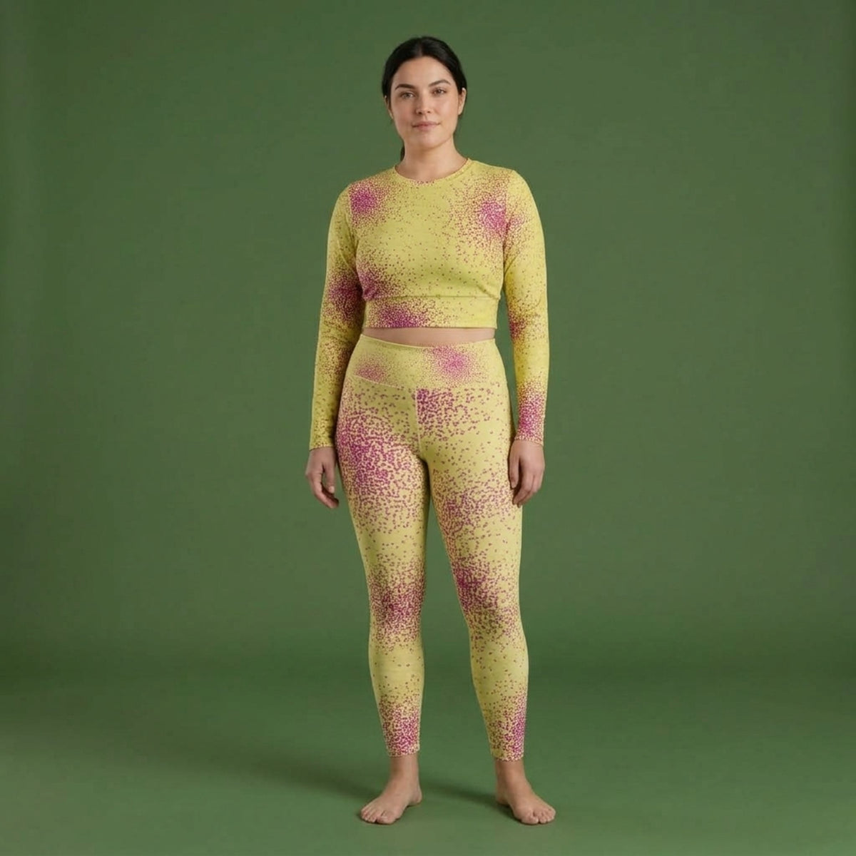 Model wearing the Dust Bunny Orchid set – yoga leggings and long sleeve crop top