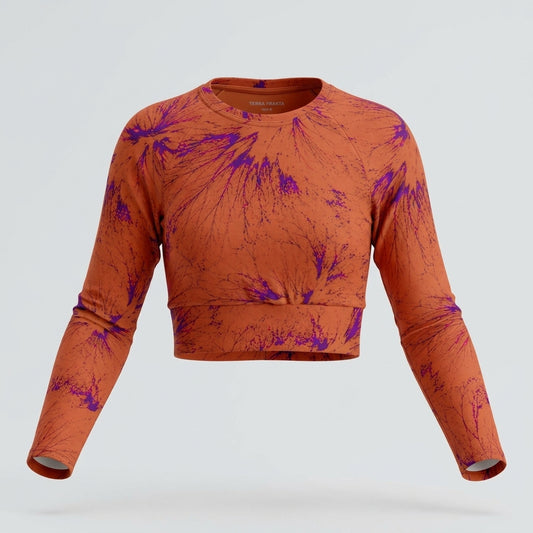 Long-sleeve crop top in the Admire Orange Purple Wing print, studio product mockup.