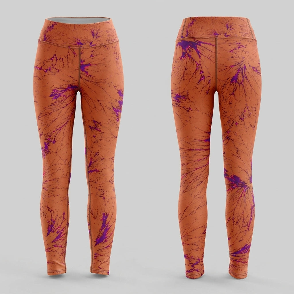 Leggings in the Admire Orange Purple Wing print, studio product shot showing the tree pattern detail.