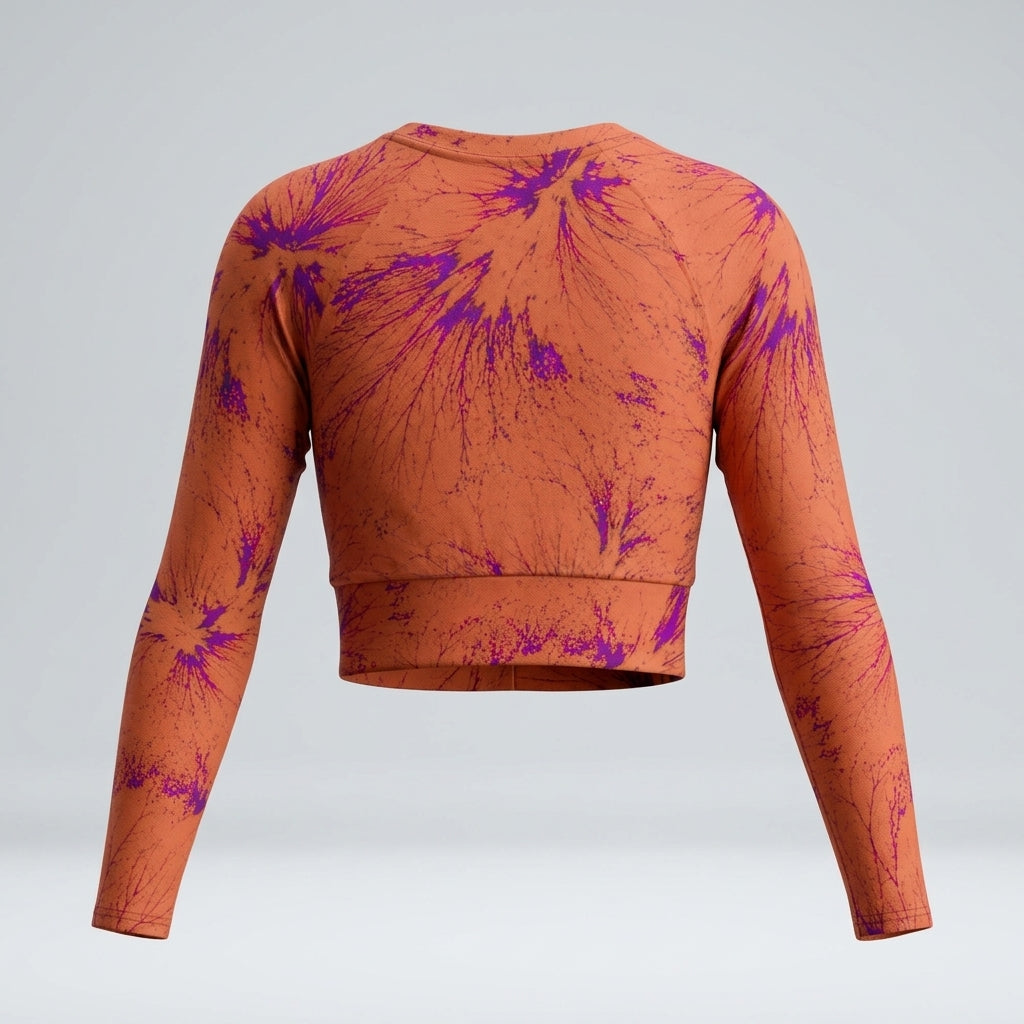 Long-sleeve crop top in the Admire Orange Purple Wing print, studio product mockup (view 2).