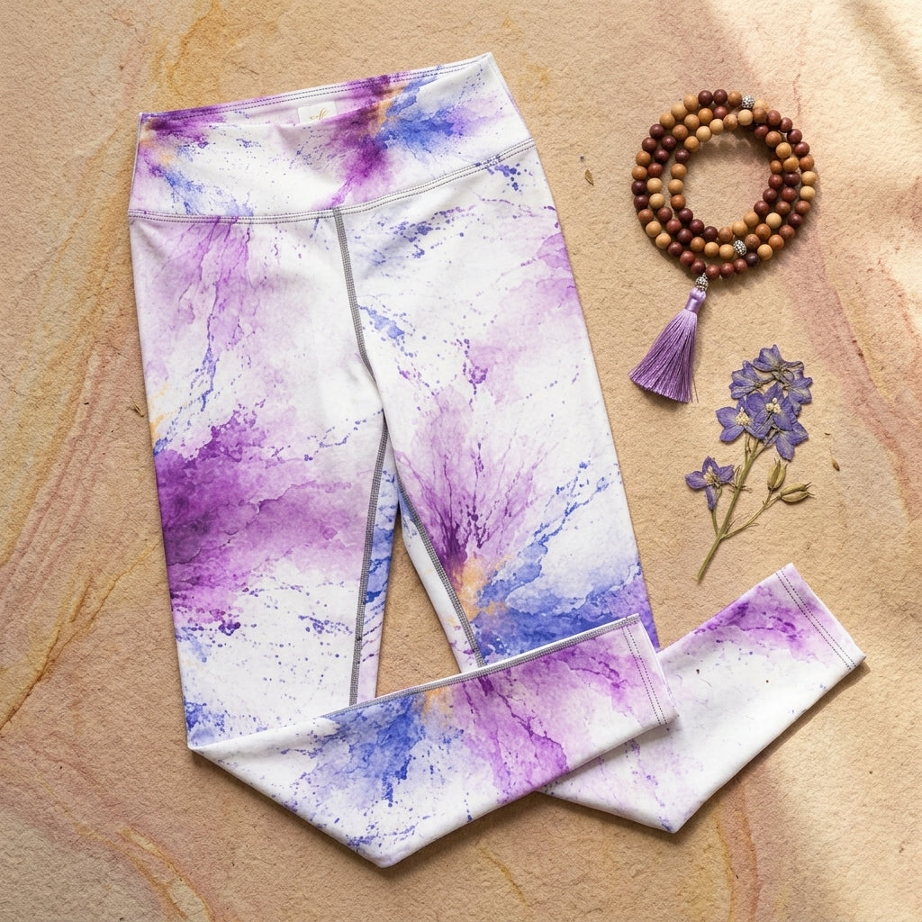 Leggings in the Sorbet Pink Halo print, flat lay on a sandstone surface.