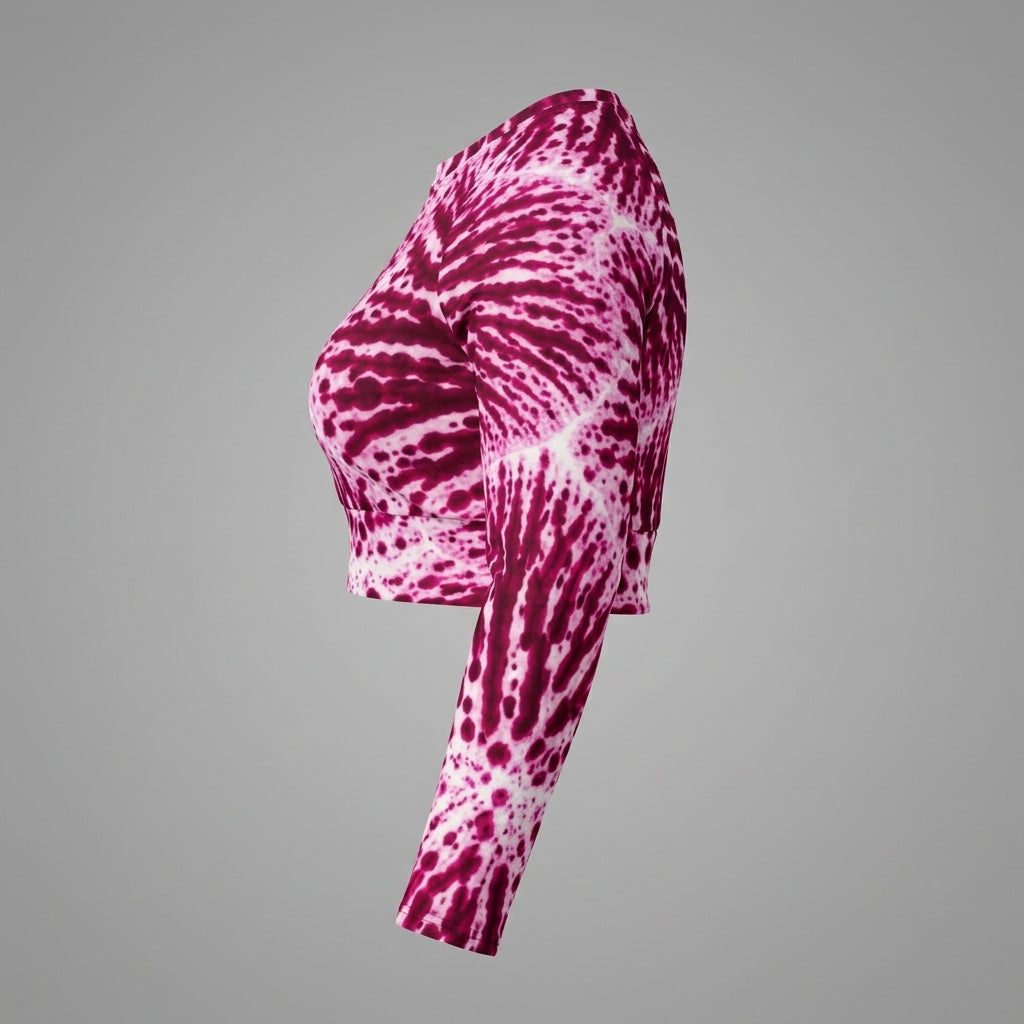 Long-sleeve crop top in the Phalaenopsis Orchid (ivory and magenta) print, studio product shot (view 2).