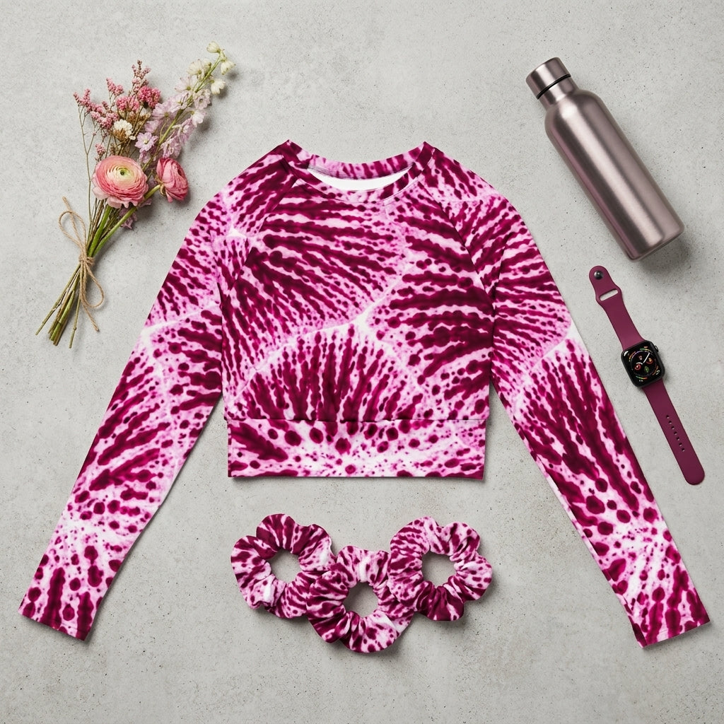 Long-sleeve crop top in the Phalaenopsis Orchid (ivory and magenta) print, flat lay.