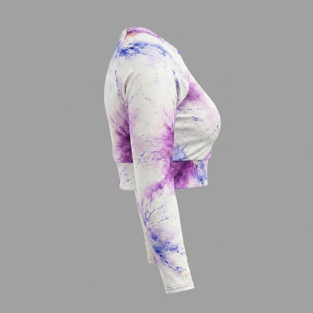 Plus size long-sleeve crop top in the Sorbet Pink Halo print, studio product shot.