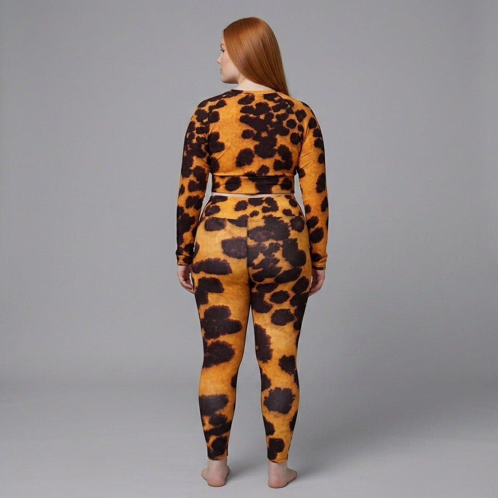 Plus-size model wearing Tiger Orchid (gold and burgundy) long-sleeve crop top (view 2).