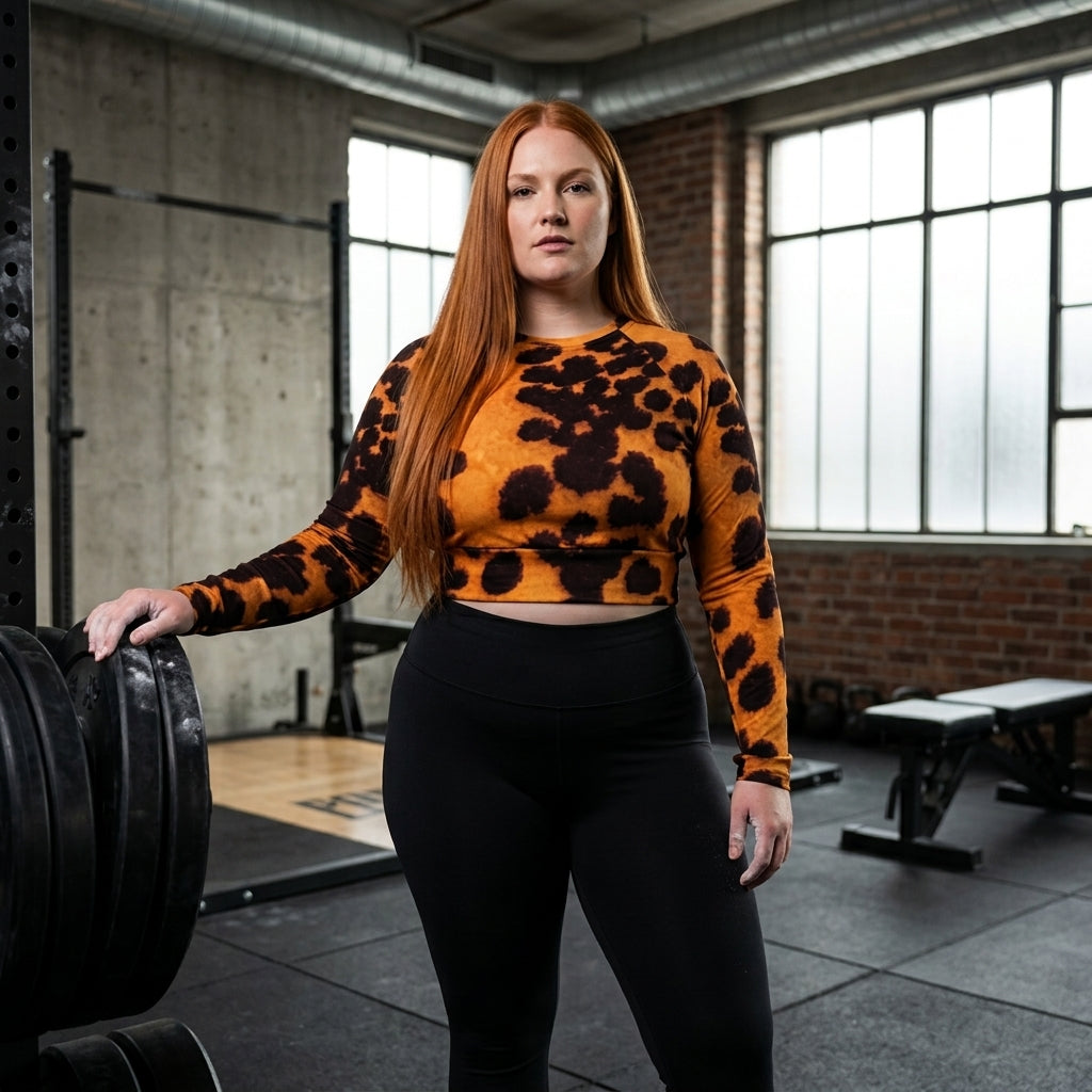 Plus-size model wearing Tiger Orchid (gold and burgundy) long-sleeve crop top.