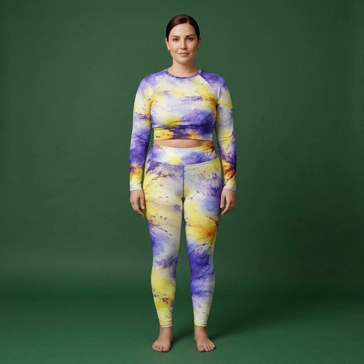 Model wearing the Penny Purple Picotee Viola set – yoga leggings and long sleeve crop top