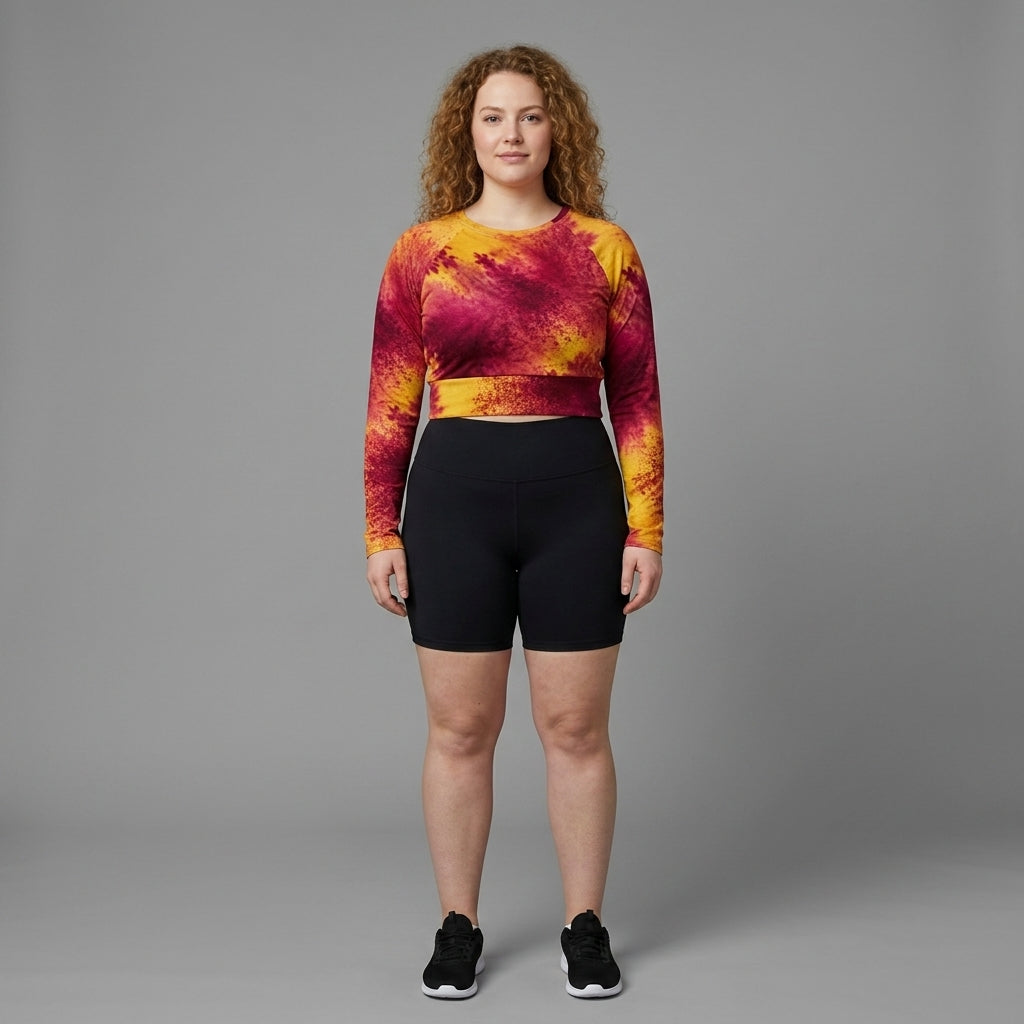 Plus-size model wearing Xen Phoenix Orchid long-sleeve crop top.