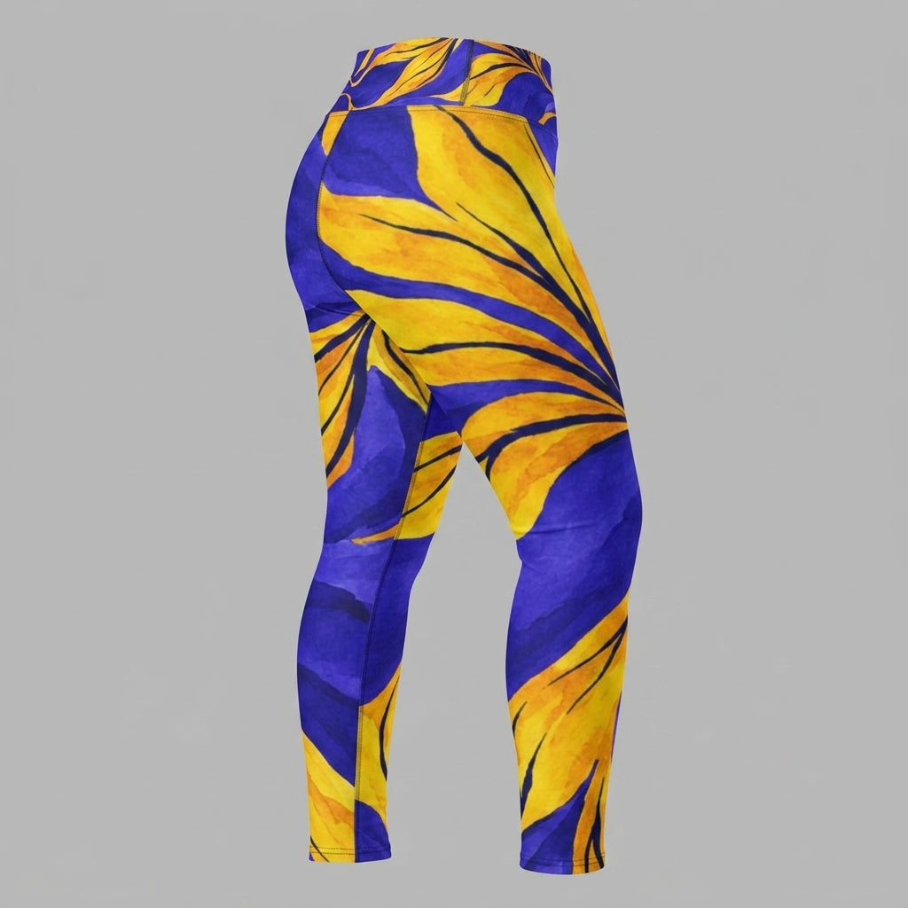 Plus-size model wearing purple floral-print activewear leggings, watercolor style
