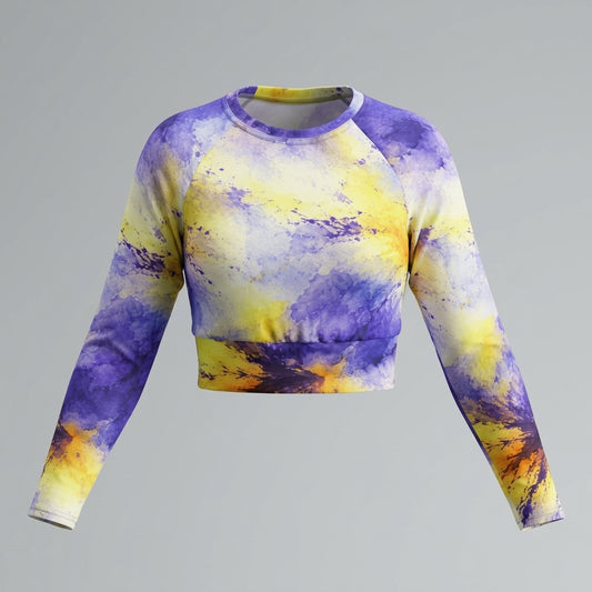 Long-sleeve crop top in the Penny Purple Picotee print, studio product mockup.