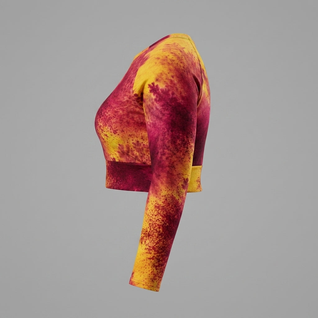 Long-sleeve crop top in the Xen Phoenix Orchid print, product cutout on a white background.