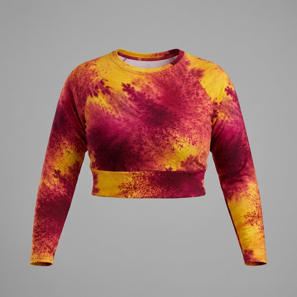 Long-sleeve crop top in the Xen Phoenix Orchid print, studio product shot.