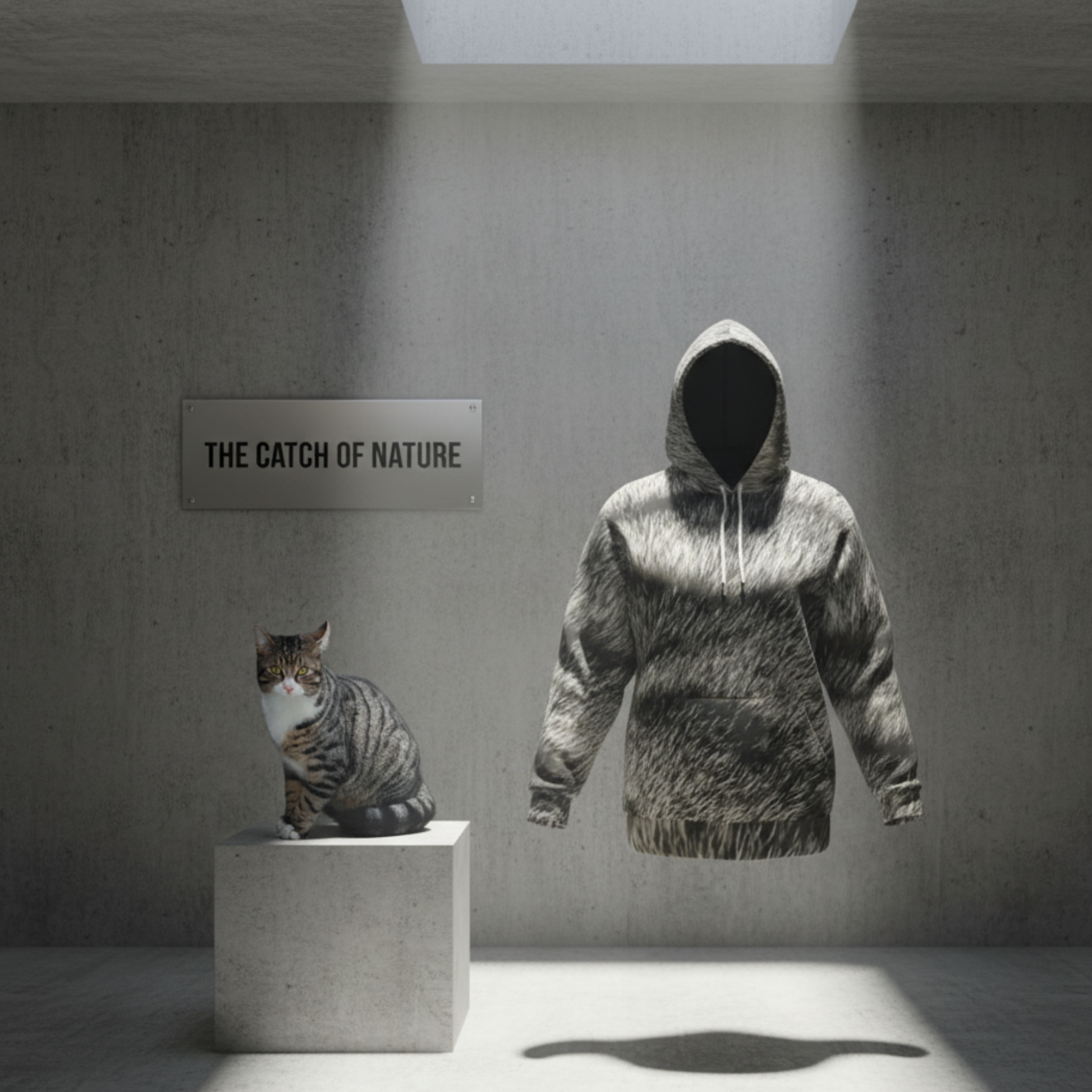 The Catch of Nature Urban Shadow Collection featuring a hyper-realistic 1-to-1 DNA match of the Silver Mackerel Tabby fur pattern on a luxury 300 GSM heavyweight fleece hoodie with solid black interior lining."
