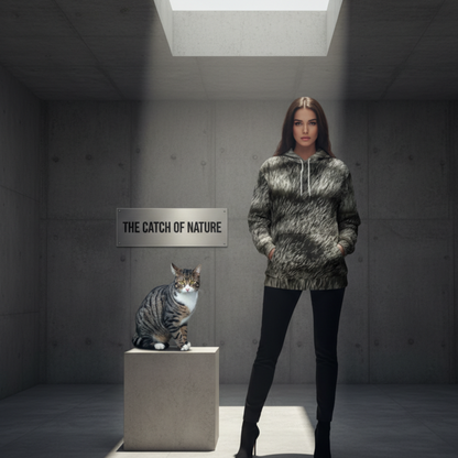 The Catch of Nature Urban Shadow Collection featuring a hyper-realistic 1-to-1 DNA match of the Silver Mackerel Tabby fur pattern on a luxury 300 GSM heavyweight fleece hoodie with solid black interior lining."