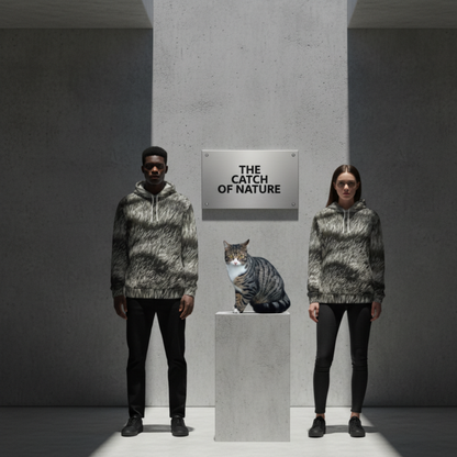 Two people wearing camouflage hoodies standing on either side of a cat on a pedestal with 'The Catch of Nature' sign. The Catch of Nature Urban Shadow Collection featuring a hyper-realistic 1-to-1 DNA match of the Silver Mackerel Tabby fur pattern on a luxury 300 GSM heavyweight fleece hoodie with solid black interior lining."