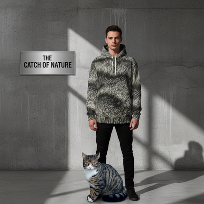 The Catch of Nature Urban Shadow Collection featuring a hyper-realistic 1-to-1 DNA match of the Silver Mackerel Tabby fur pattern on a luxury 300 GSM heavyweight fleece hoodie with solid black interior lining."