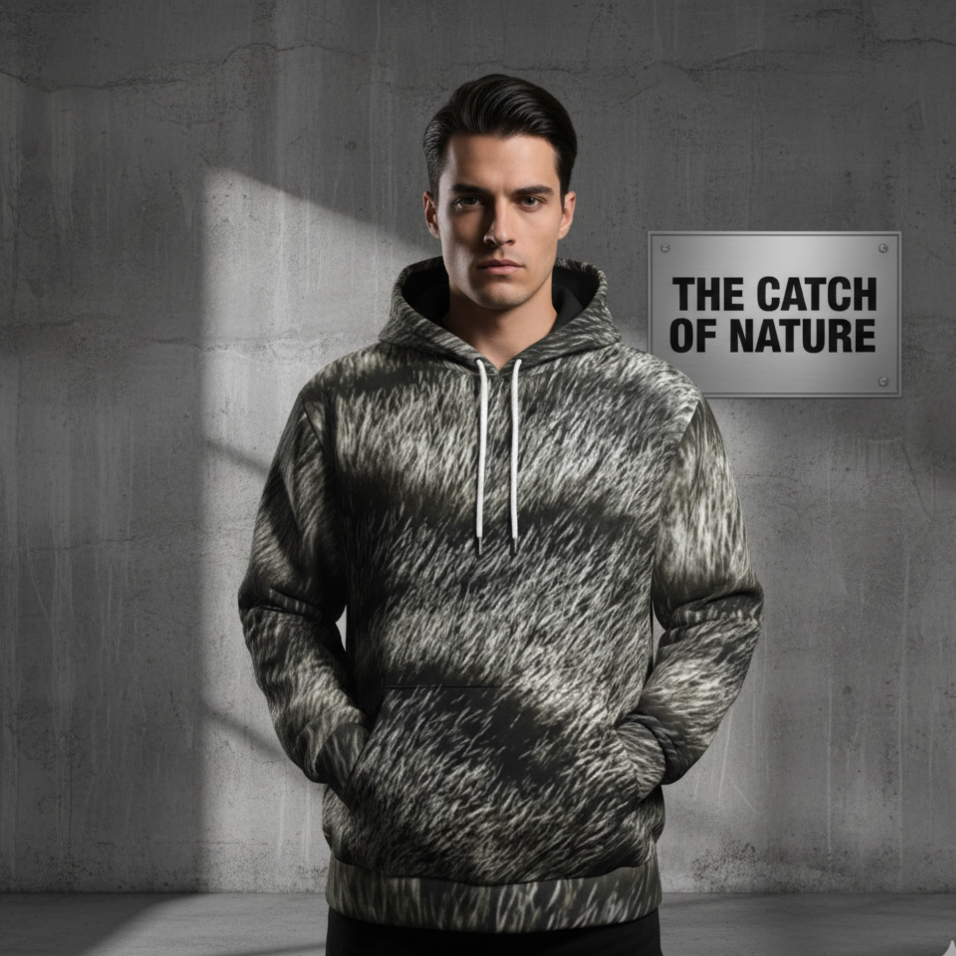 Man wearing a camouflage hoodie with 'The Catch of Nature' sign in the background The Catch of Nature Urban Shadow Collection featuring a hyper-realistic 1-to-1 DNA match of the Silver Mackerel Tabby fur pattern on a luxury 300 GSM heavyweight fleece hoodie with solid black interior lining."
