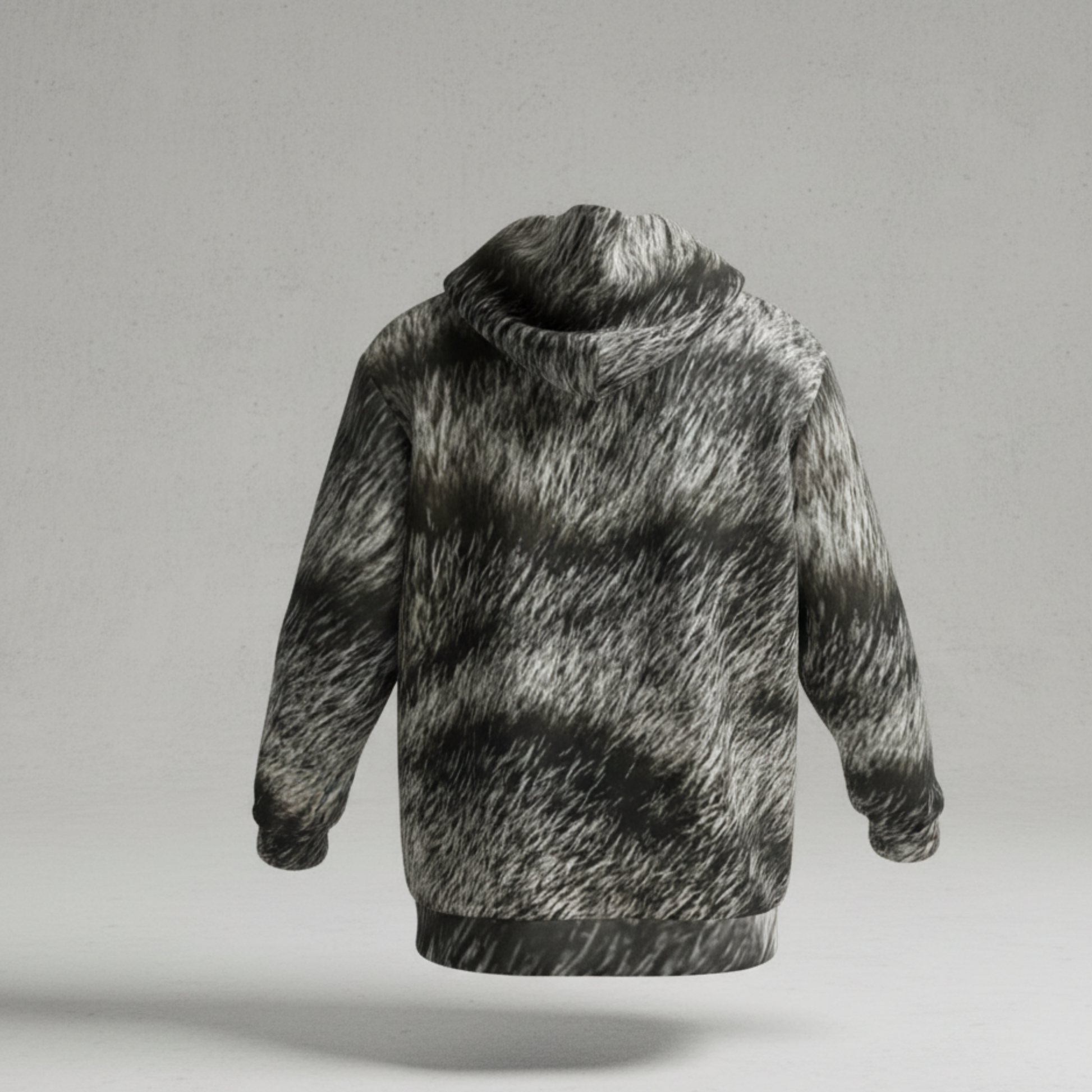 The Catch of Nature Urban Shadow Collection featuring a hyper-realistic 1-to-1 DNA match of the Silver Mackerel Tabby fur pattern on a luxury 300 GSM heavyweight fleece hoodie with solid black interior lining."