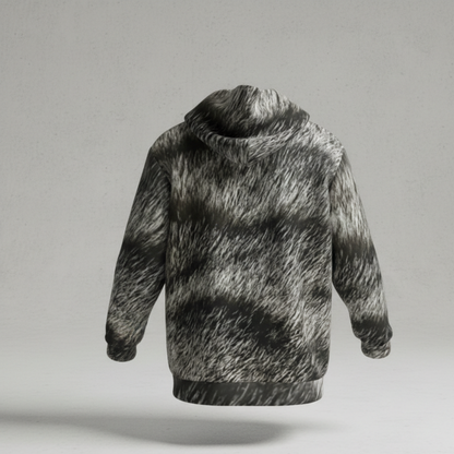 The Catch of Nature Urban Shadow Collection featuring a hyper-realistic 1-to-1 DNA match of the Silver Mackerel Tabby fur pattern on a luxury 300 GSM heavyweight fleece hoodie with solid black interior lining."