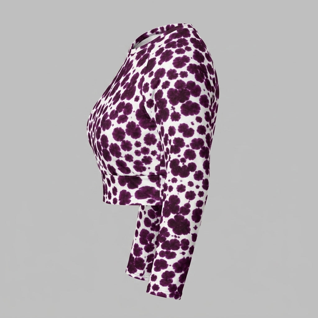 Long-sleeve crop top in the Lioulin Wild Cat Orchid (burgundy and cream) print, product cutout on a white background.