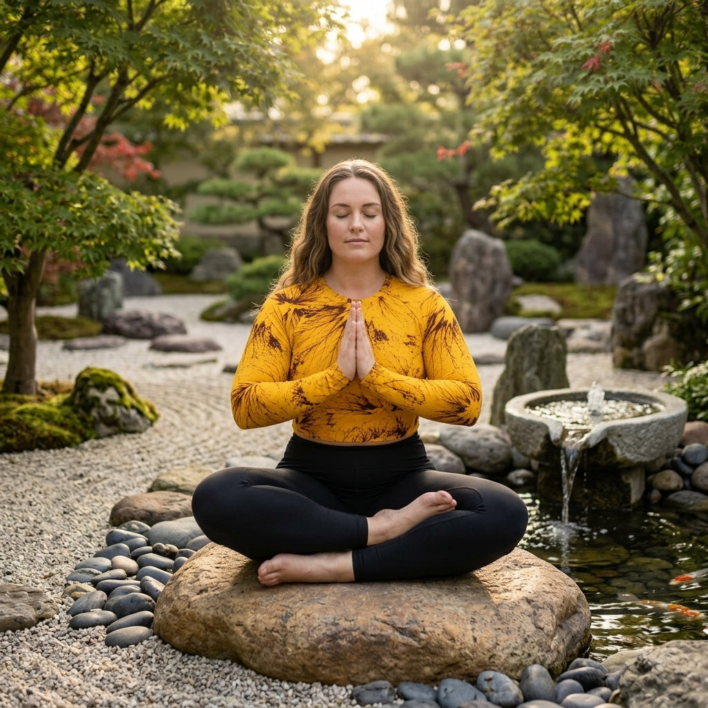 Model doing yoga in a garden wearing a Sorbet Honeybee long-sleeve crop top.
