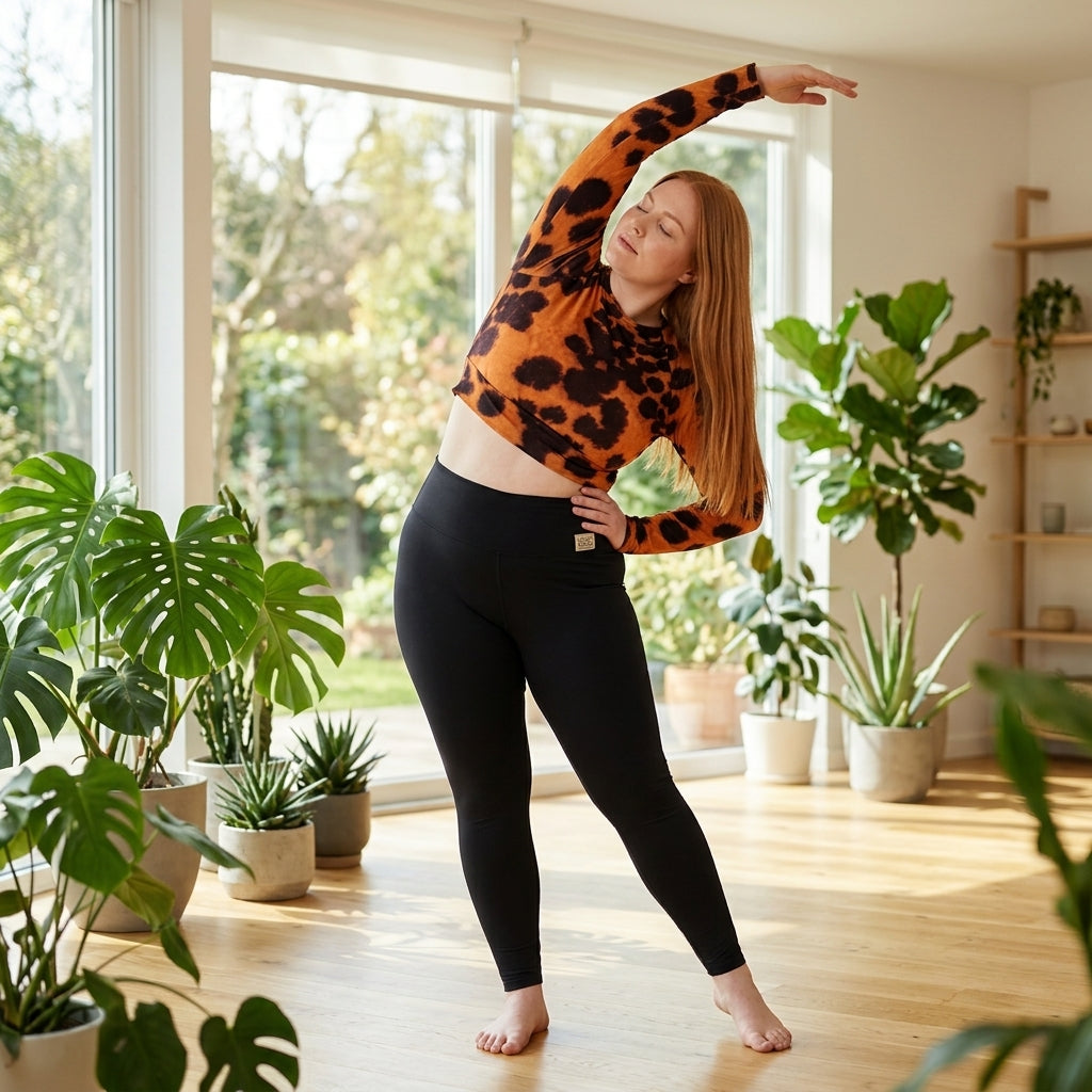 Model in a yoga stretch pose wearing Tiger Orchid (gold and burgundy) long-sleeve crop top.