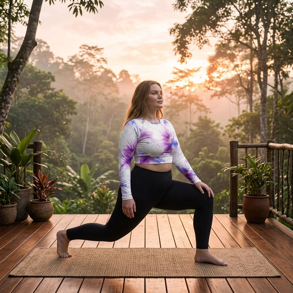 Model doing yoga on a terrace wearing a Sorbet Pink Halo long-sleeve crop top.