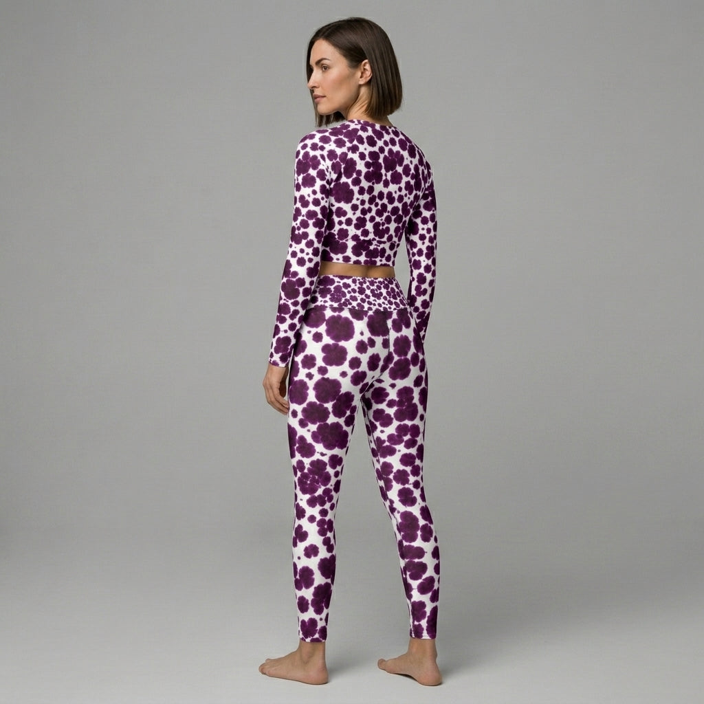 Leggings in the Lioulin Wild Cat Orchid (burgundy and cream) print, studio product shot (view 5).