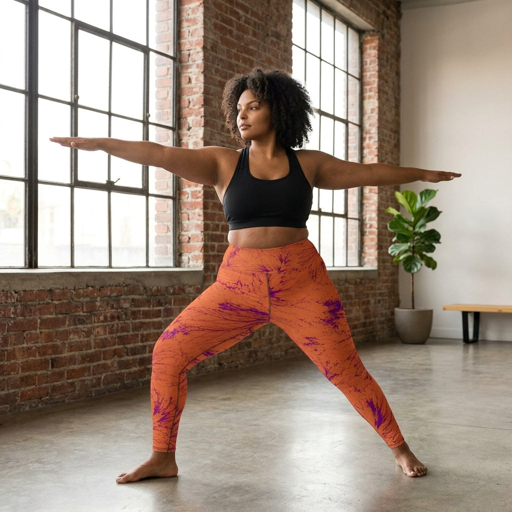 Model performing a yoga pose wearing Admire Orange Purple Wing leggings.