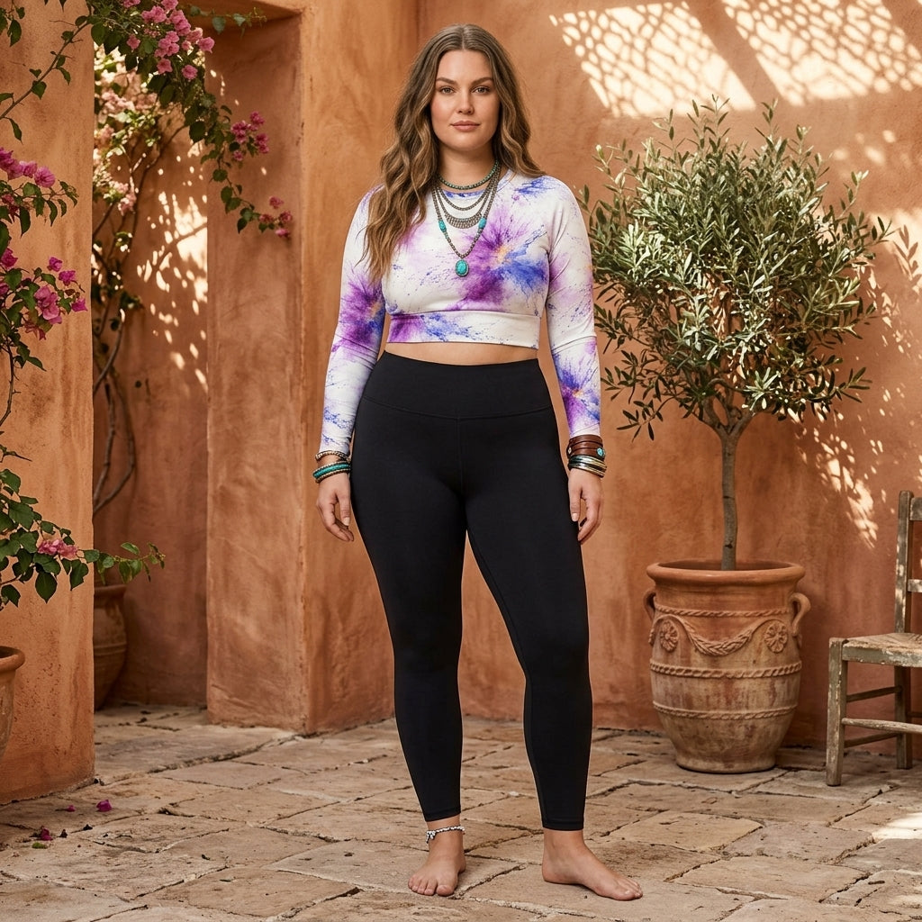 Model posing in a Mediterranean courtyard wearing a Sorbet Pink Halo long-sleeve crop top (view 2).