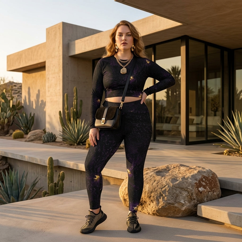 Model posing wearing a Sorbet Black Delight long-sleeve crop top.