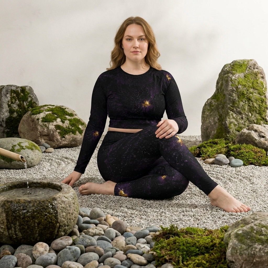 Model posing in a zen garden wearing a Sorbet Black Delight long-sleeve crop top.