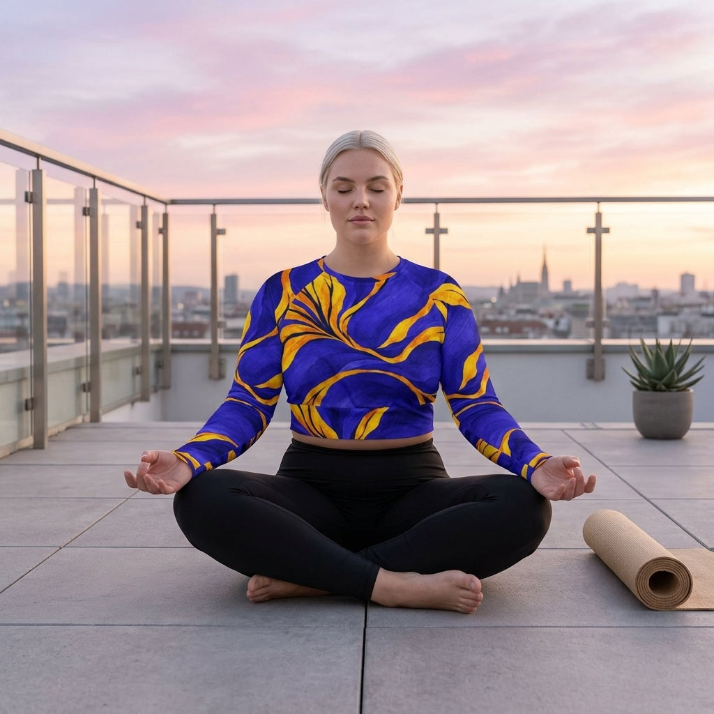 Woman wearing blue and yellow activewear crop top on penthouse terrace