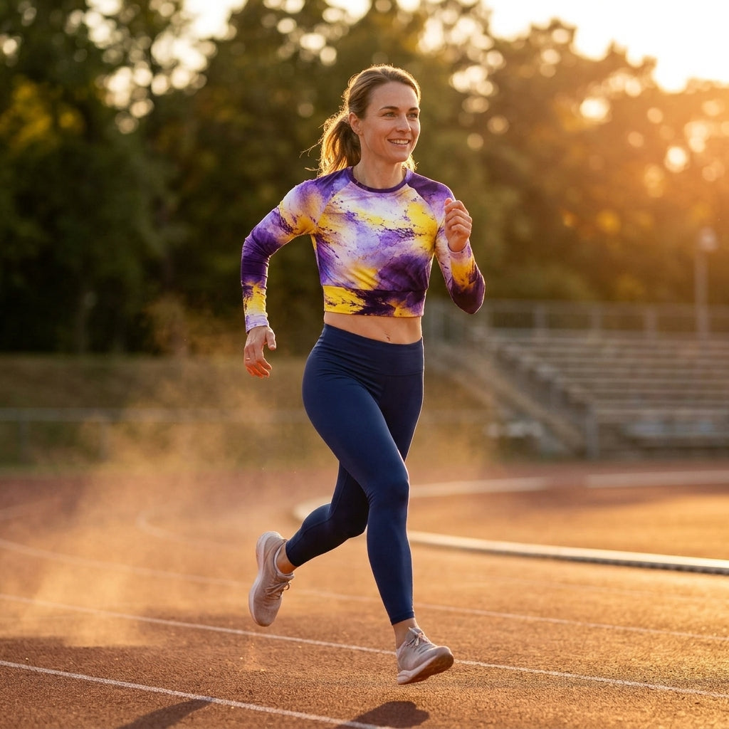 Model running on a track wearing a Sorbet Midnight Glow long-sleeve crop top.