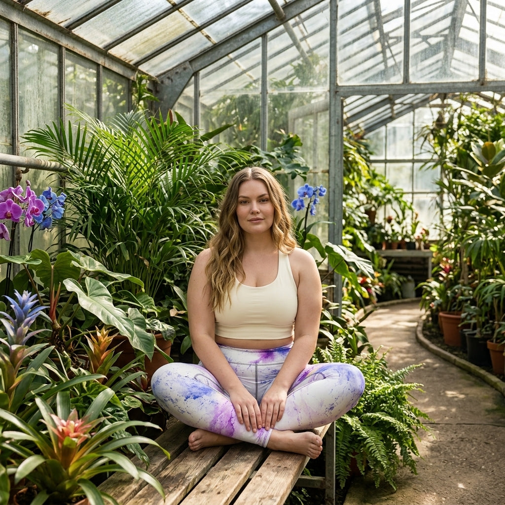 Model sitting in a botanical greenhouse wearing Sorbet Pink Halo leggings.