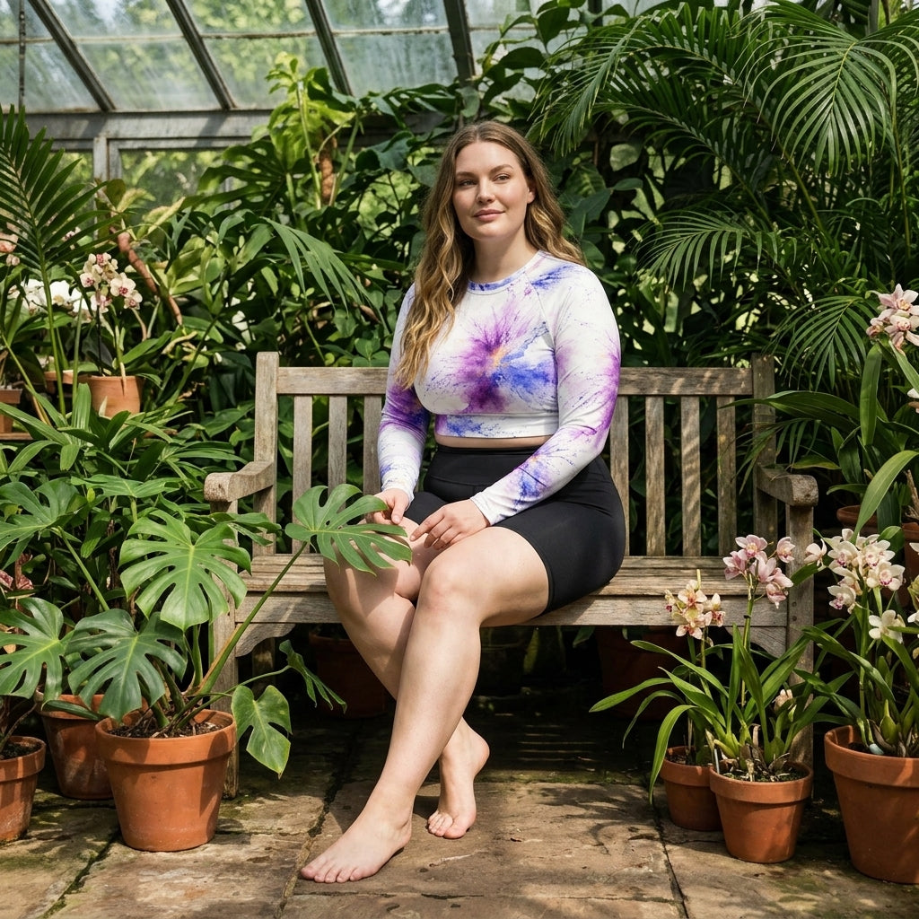 Model sitting in a botanical greenhouse wearing a Sorbet Pink Halo long-sleeve crop top (view 2).