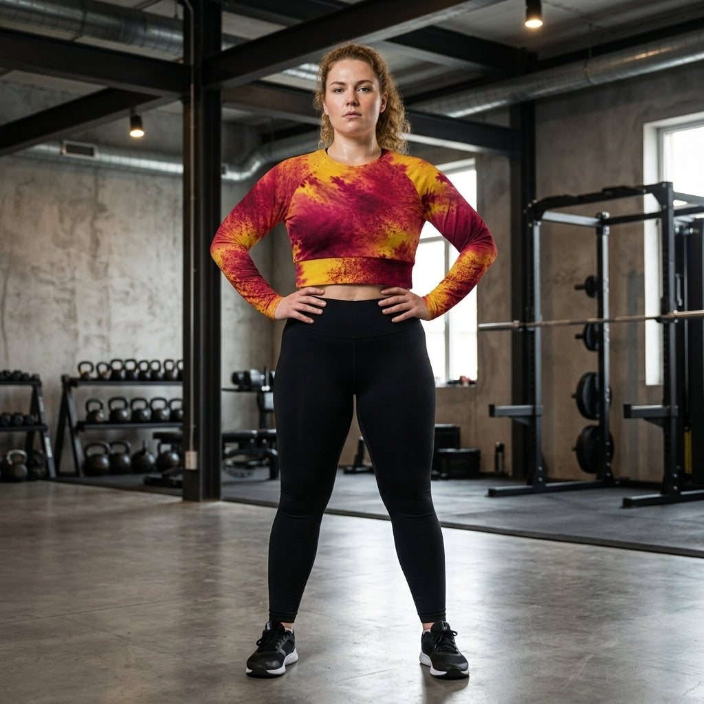 Model standing ready in a gym setting wearing Xen Phoenix Orchid long-sleeve crop top.