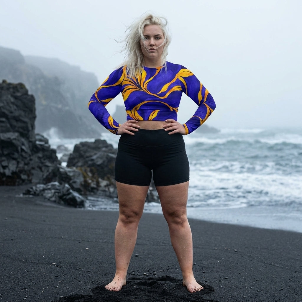 Woman wearing blue and yellow activewear crop top on beach