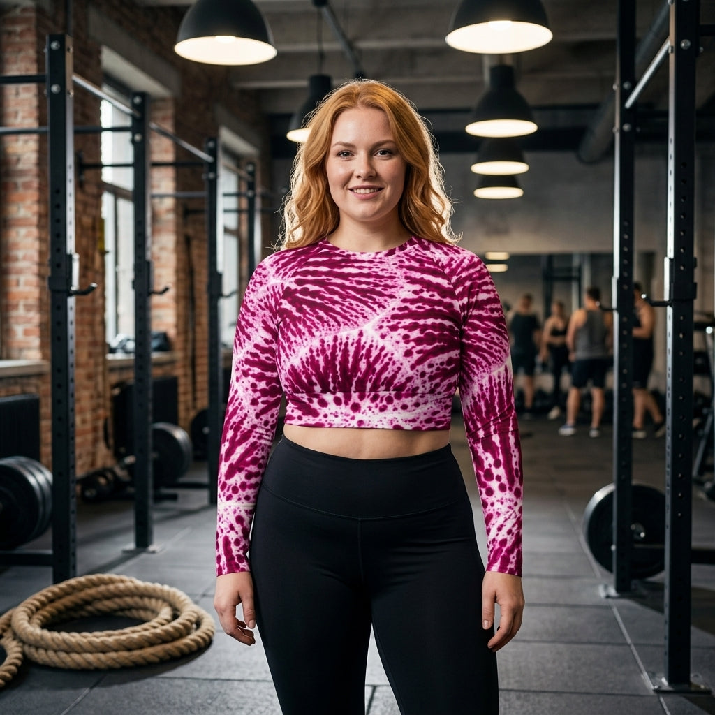 Model standing ready in a gym setting wearing Phalaenopsis Orchid (ivory and magenta) long-sleeve crop top.