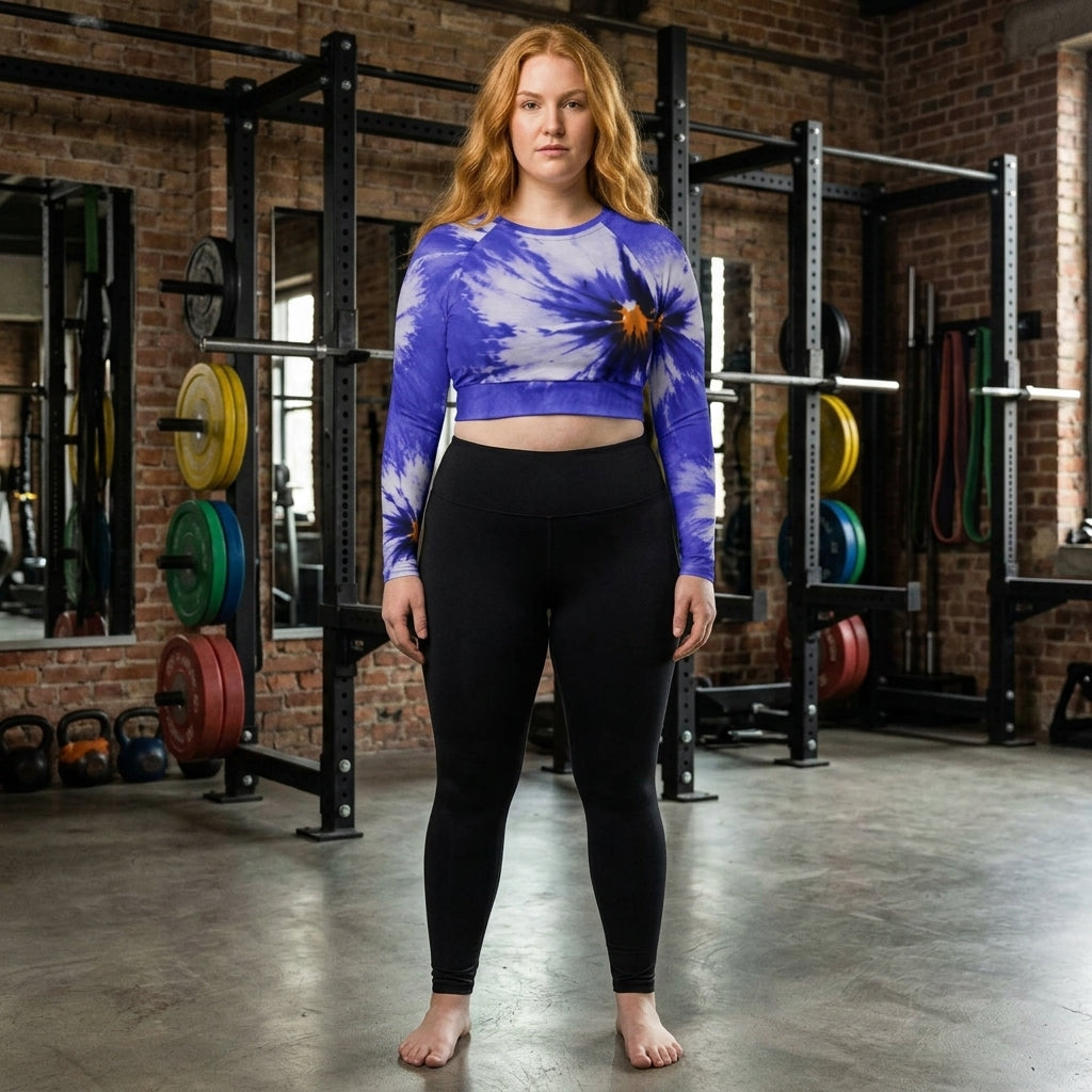 Model standing ready to train wearing a Sorbet Delft Blue long-sleeve crop top.