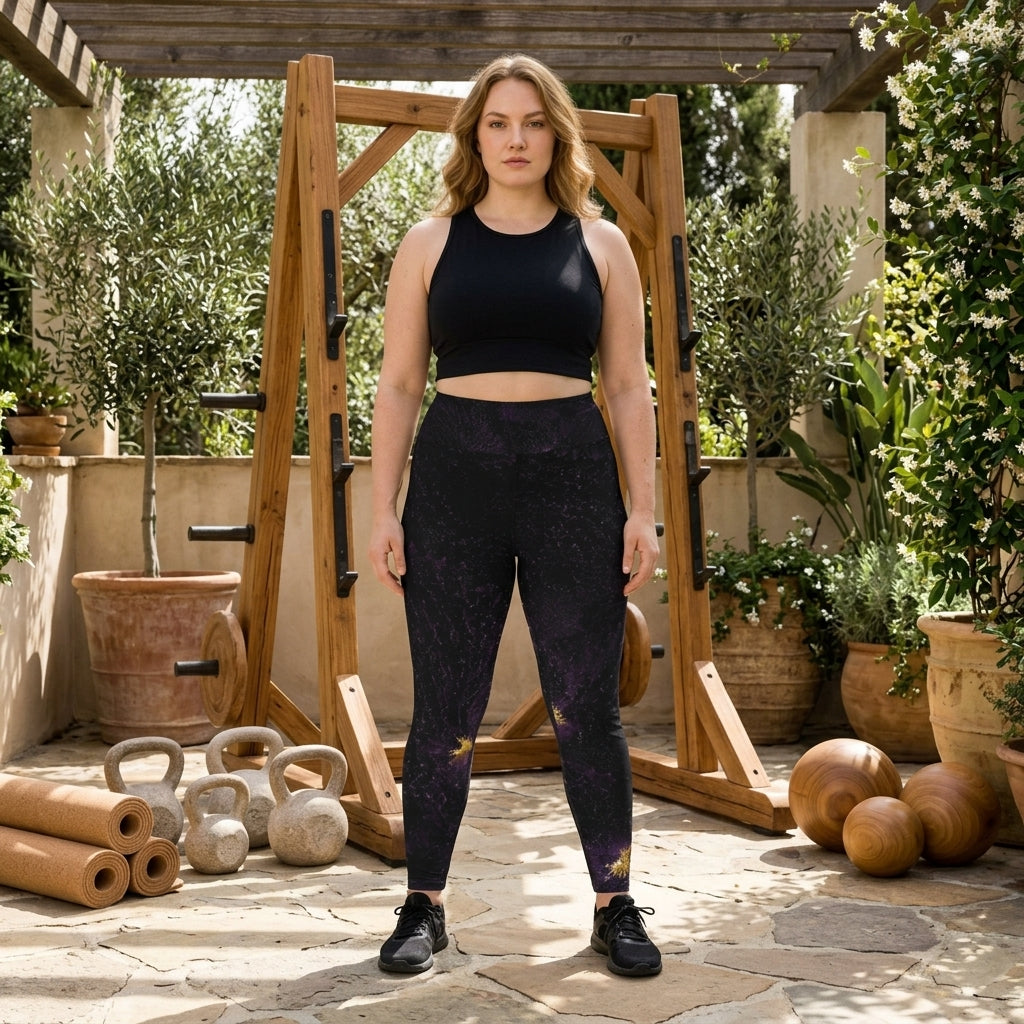 Model standing ready to train wearing Sorbet Black Delight leggings.