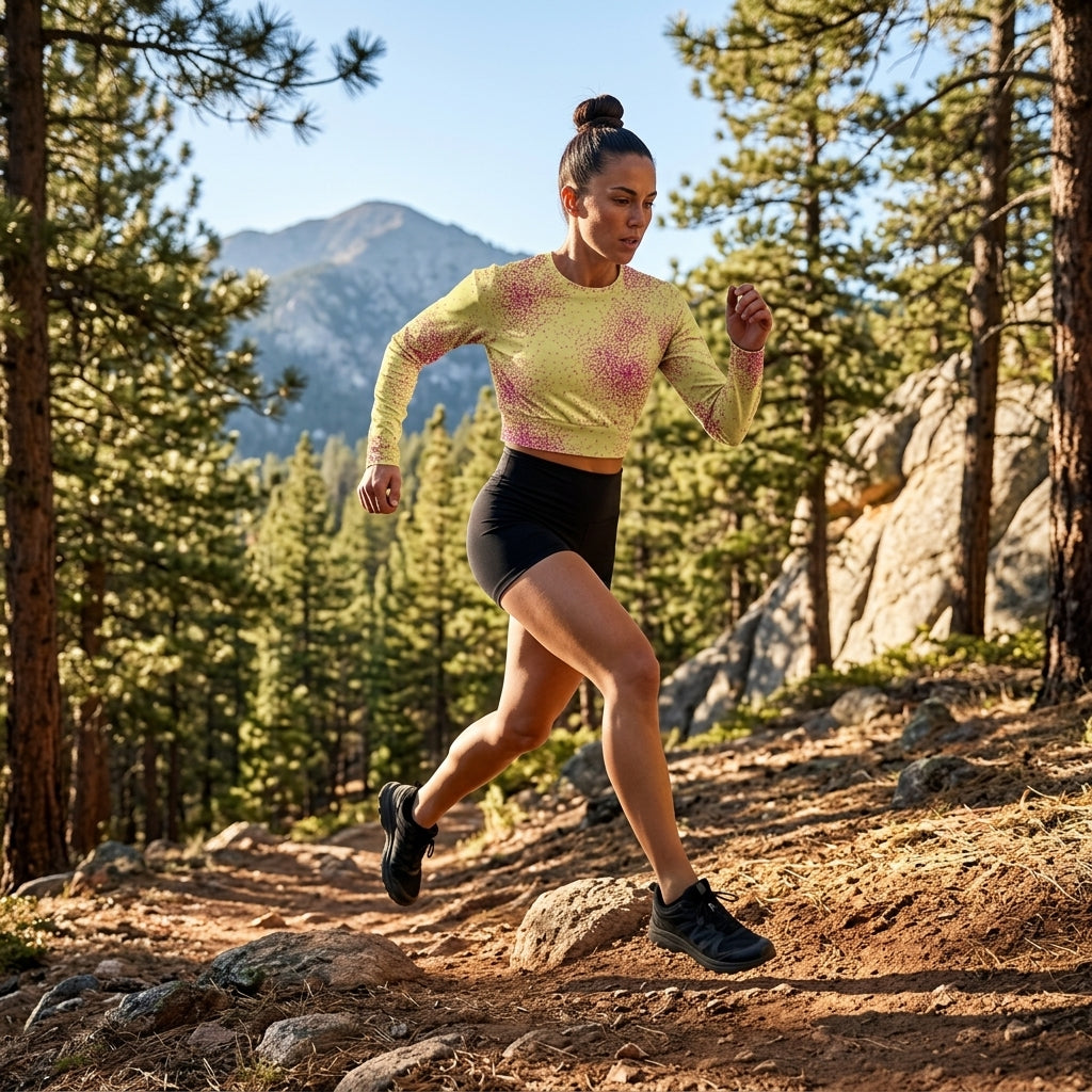 Model trail running outdoors wearing Dust Bunny Orchid (deep burgundy) long-sleeve crop top.