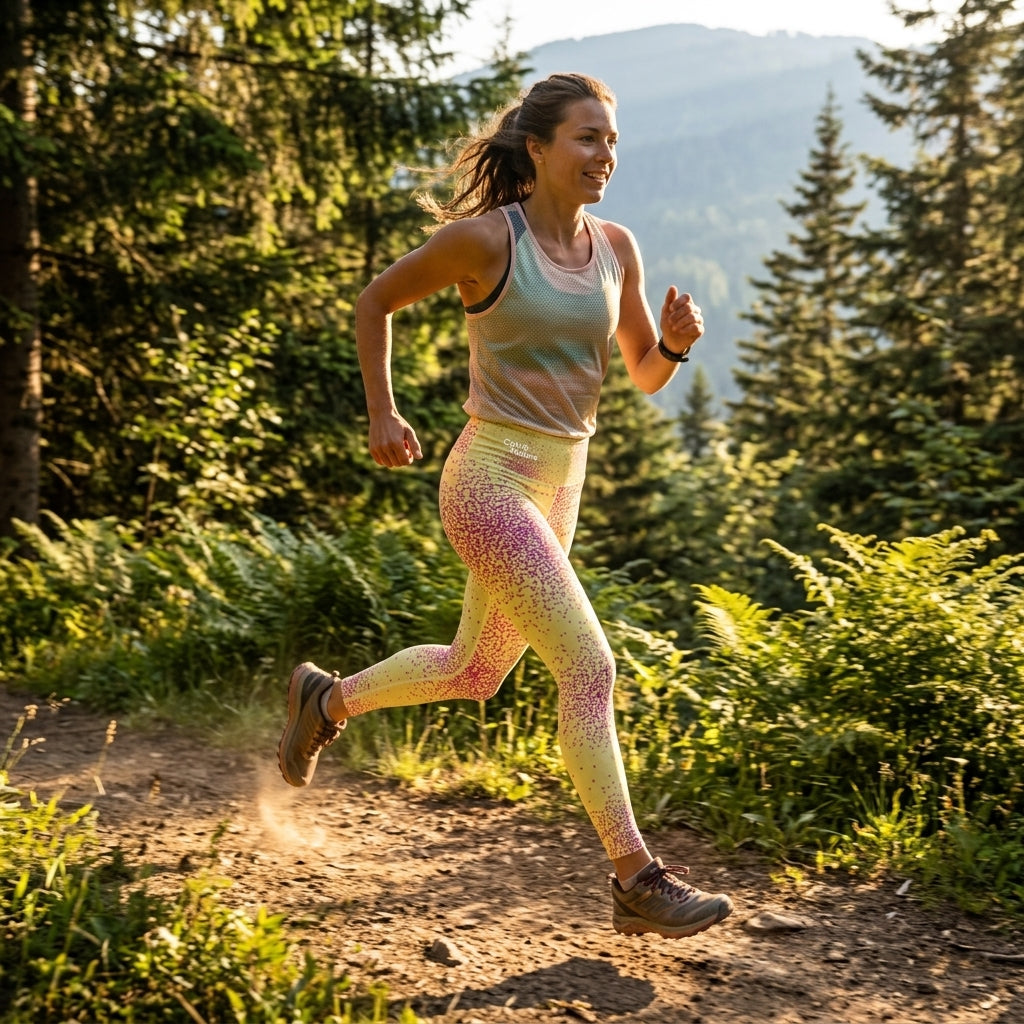 Model trail running outdoors wearing Dust Bunny Orchid (deep burgundy) leggings.