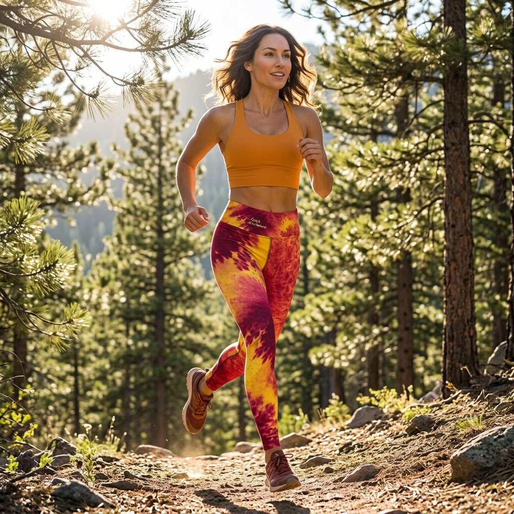 Model trail running outdoors wearing Xen Phoenix Orchid leggings.