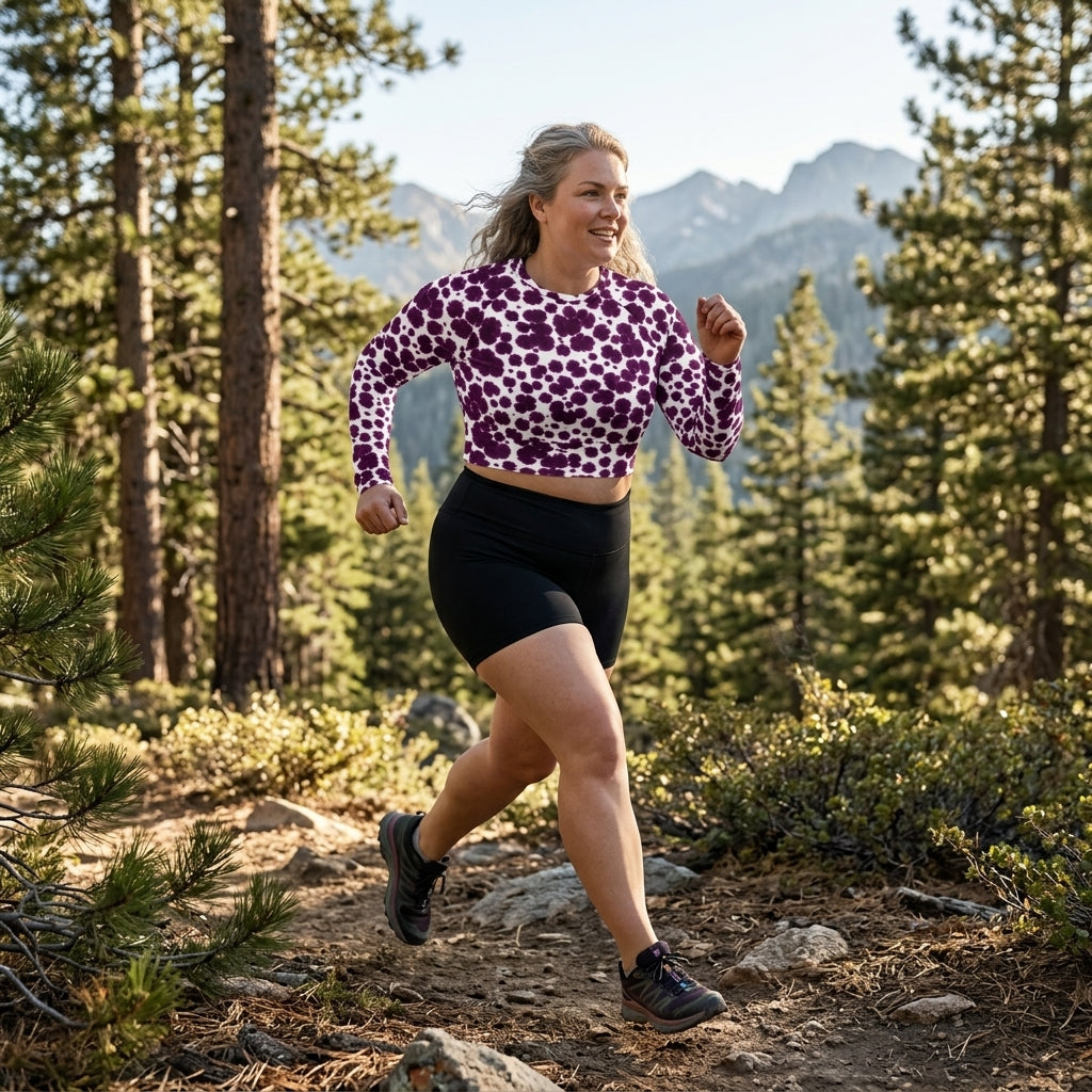 Model trail running outdoors wearing Lioulin Wild Cat Orchid (burgundy and cream) long-sleeve crop top.