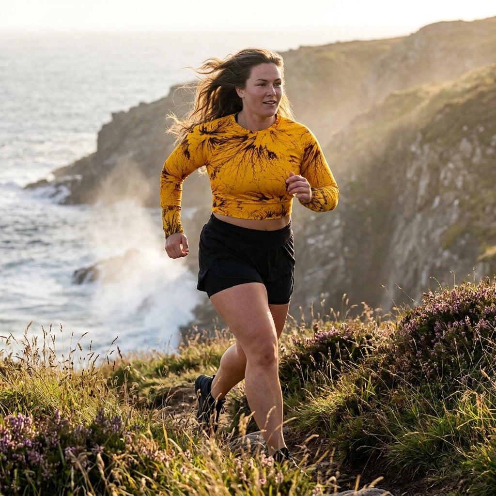 Model trail running on cliffs wearing a Sorbet Honeybee long-sleeve crop top.