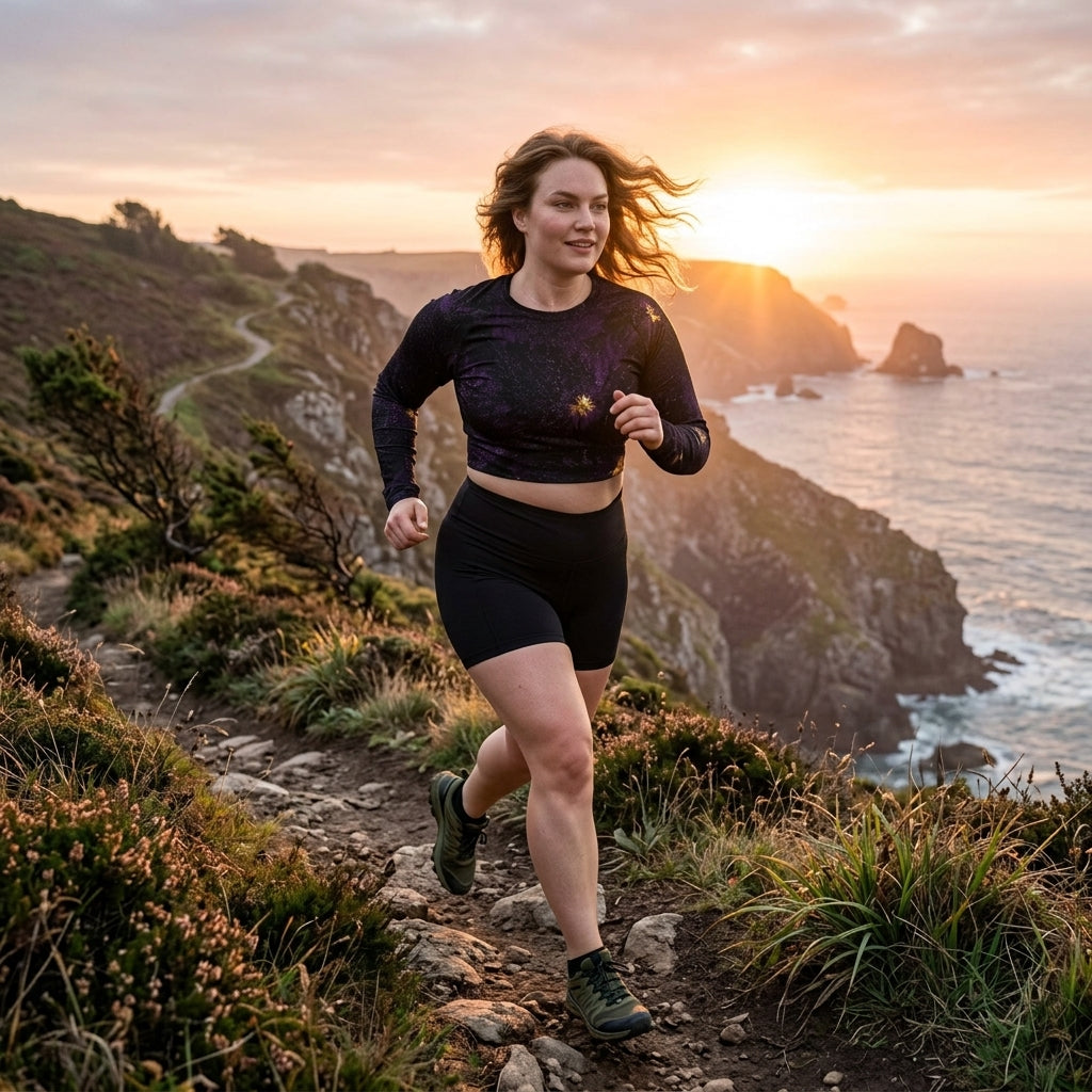 Model trail running on cliffs wearing a Sorbet Black Delight long-sleeve crop top.